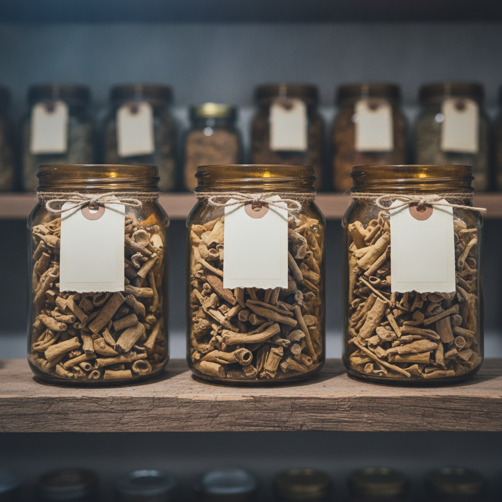 Dried valerian root pieces stored in labeled amber glass jars on a wooden pantry shelf