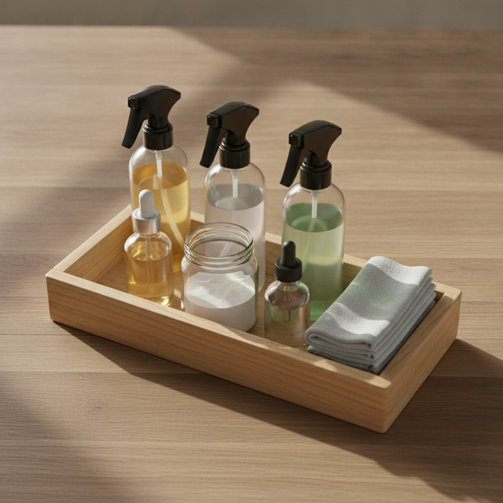 A wooden caddy holding glass spray bottles of vinegar, castile soap, hydrogen peroxide, and folded microfiber cloths on a farmhouse counter