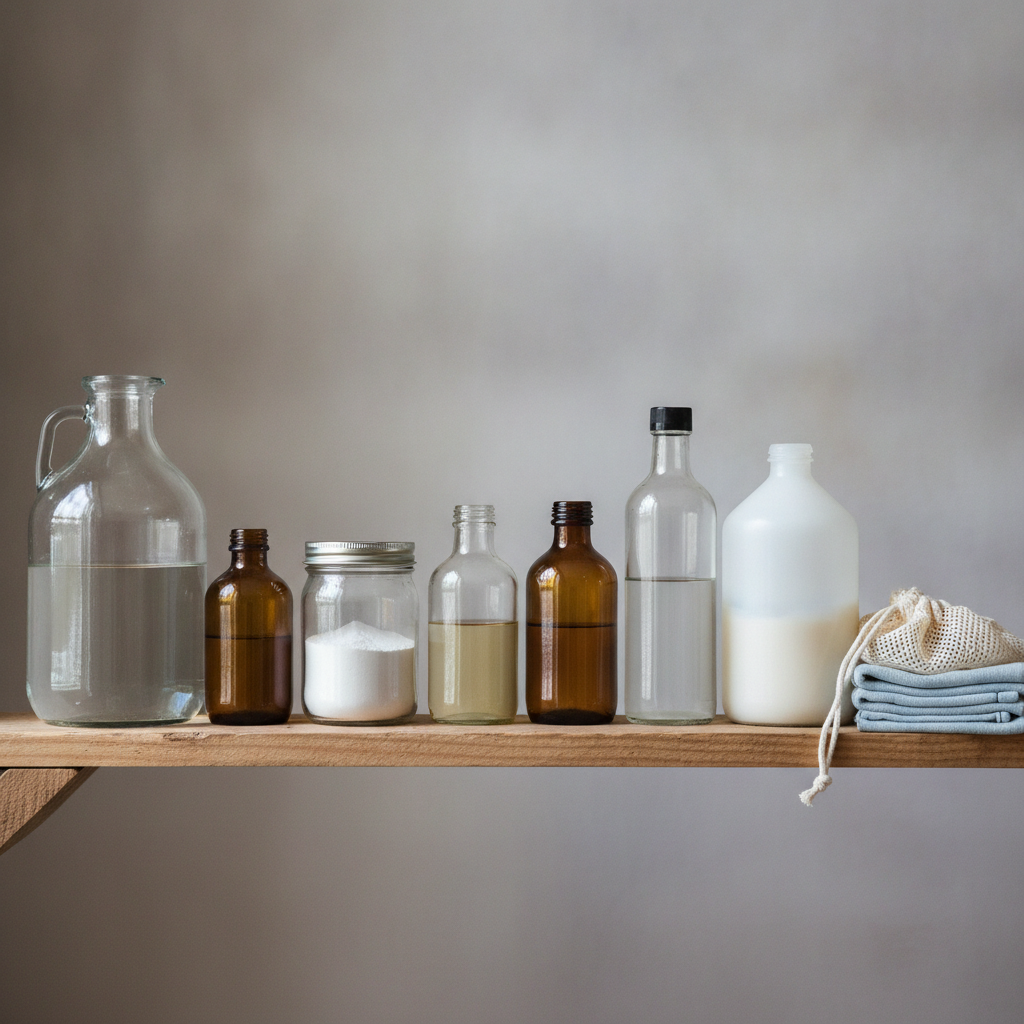 Eight labeled containers of pantry cleaning basics arranged on a wooden shelf, including vinegar, baking soda, castile soap, and hydrogen peroxide