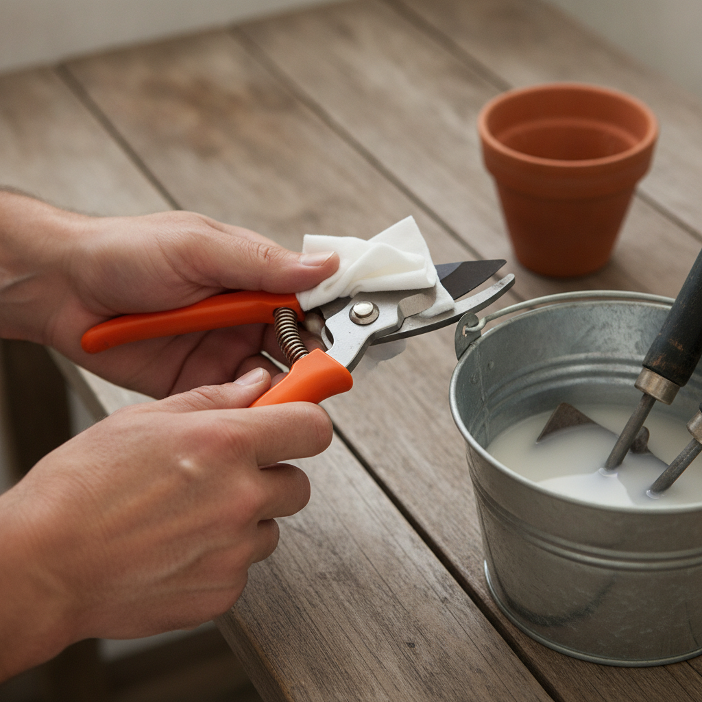 Hands wiping pruning shear blades with a cloth dampened in isopropyl alcohol beside a pair of trowels soaking in a shallow bucket of diluted bleach solution