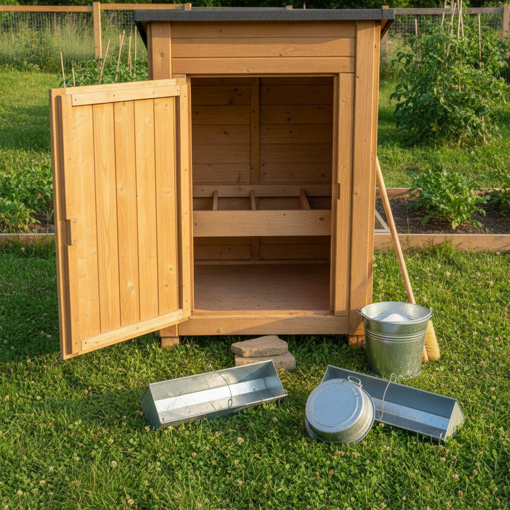A cleaned wooden chicken coop with feeders removed, sunlight drying the interior, and a bucket of soapy water and scrub brush by the door