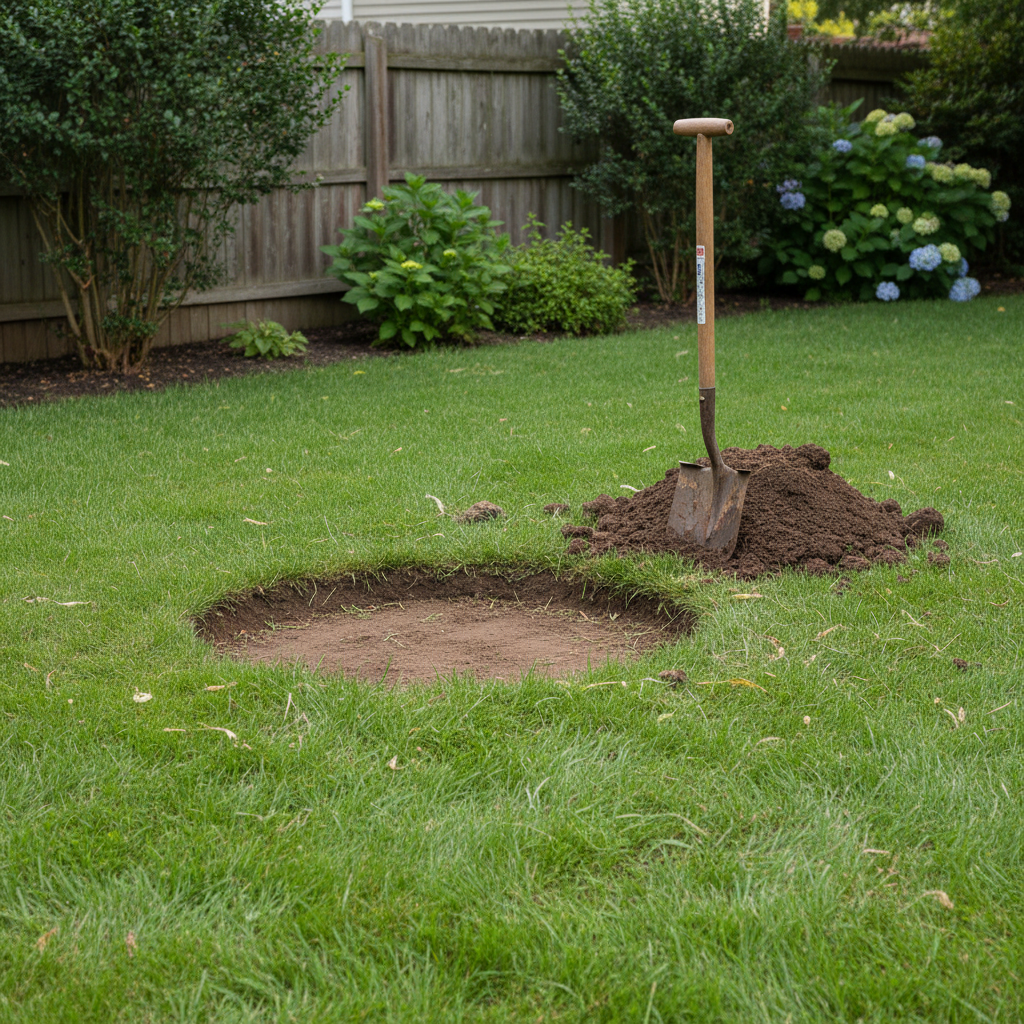 A garden shovel excavating a shallow oval rain garden basin in a residential backyard, showing the flat bottom and gently sloped sides