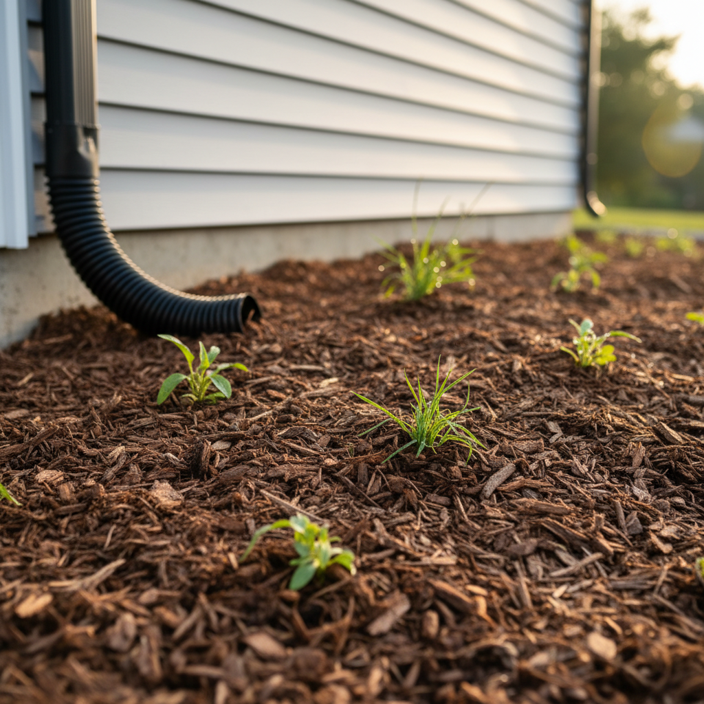 Close-up of a mulched rain garden with native plants newly installed, showing a corrugated downspout extension directing water from the house into the garden