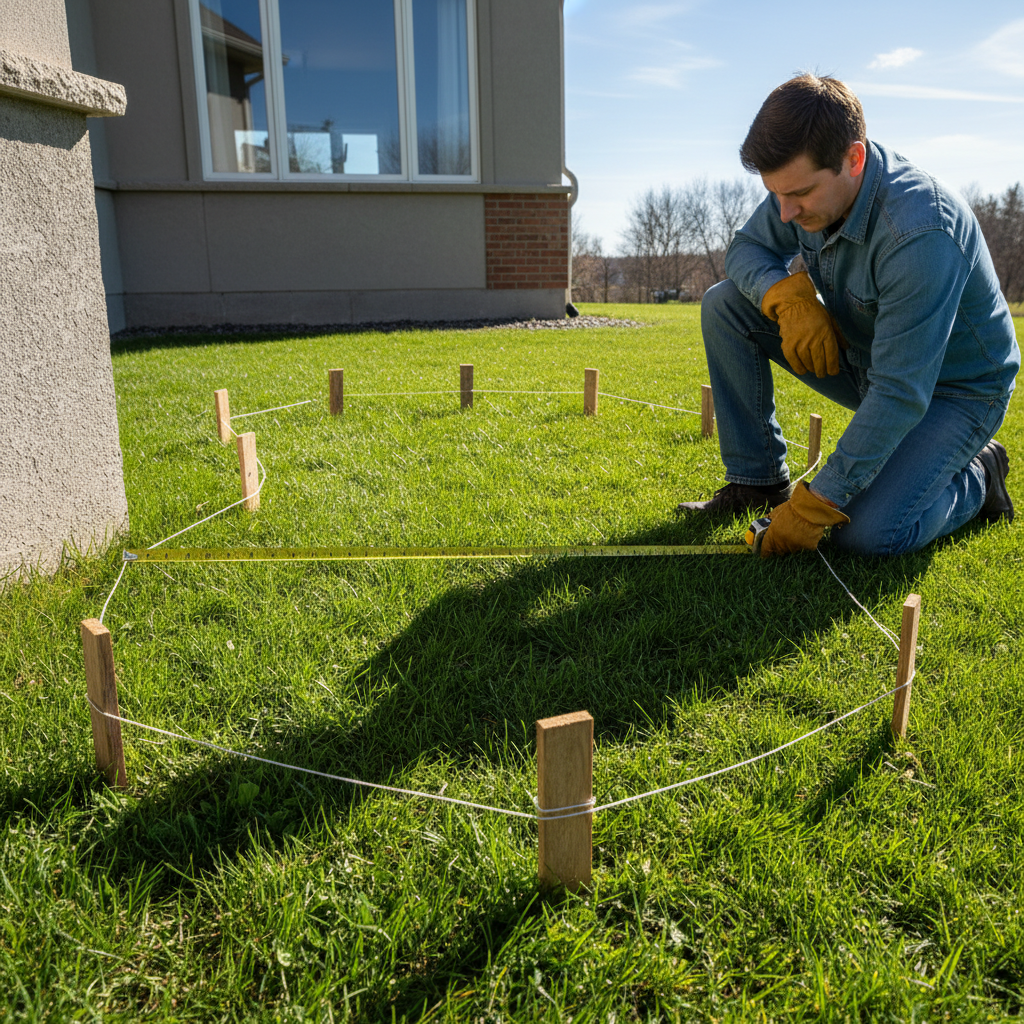 A homesteader stakes out a rain garden location in the yard, measuring distance from the house foundation with a tape measure