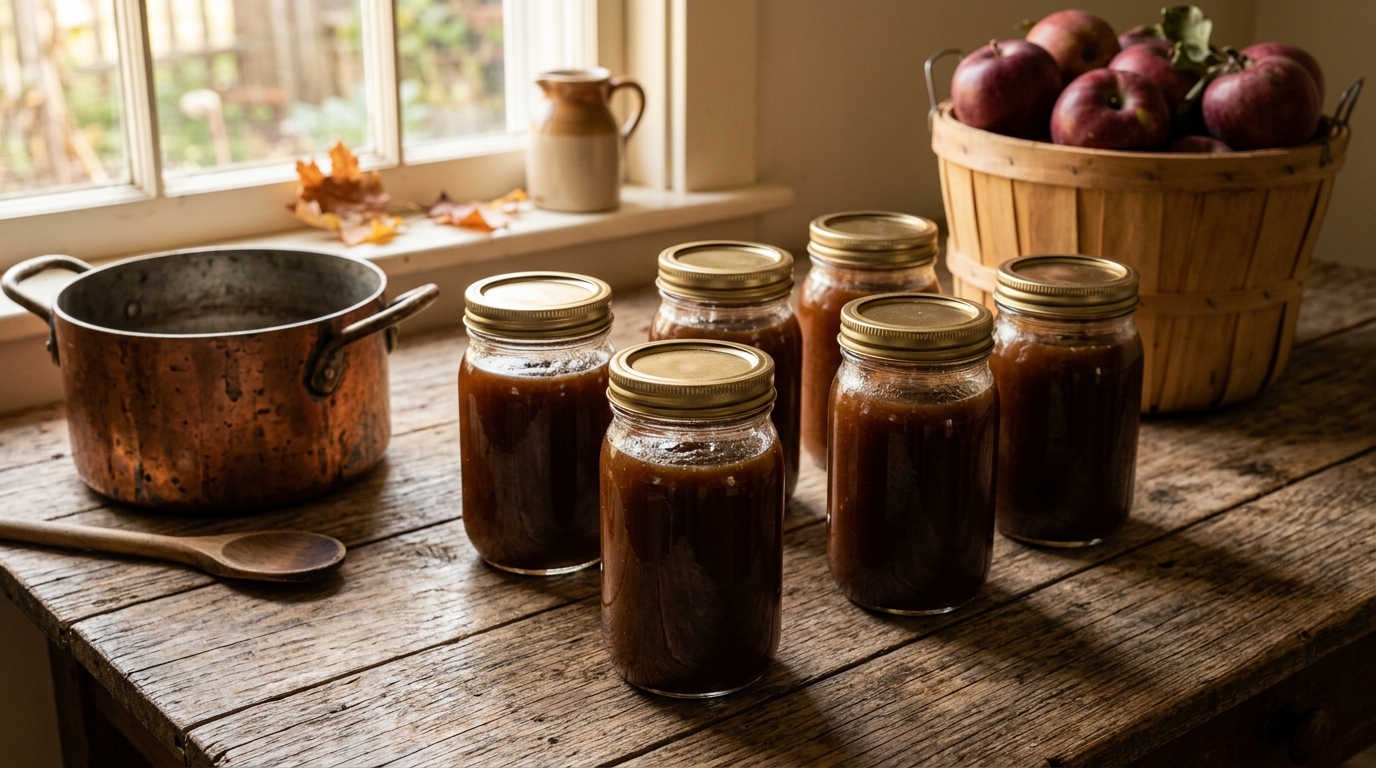 Six pint jars of freshly canned apple butter cooling on a wooden farmhouse table beside a stainless stockpot and a bushel of Rome Beauty apples