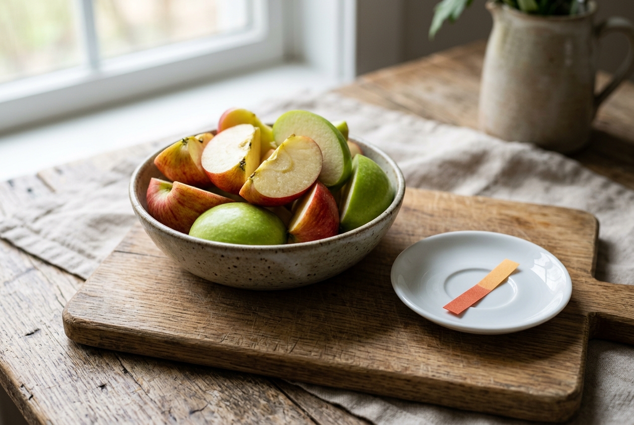 Bowl of freshly quartered apples on a wooden cutting board beside a pH test strip showing a color in the low 3s