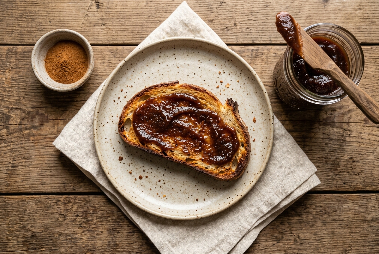 Overhead view of finished apple butter on a slice of sourdough toast beside an open pint jar and a small dish of ground cinnamon
