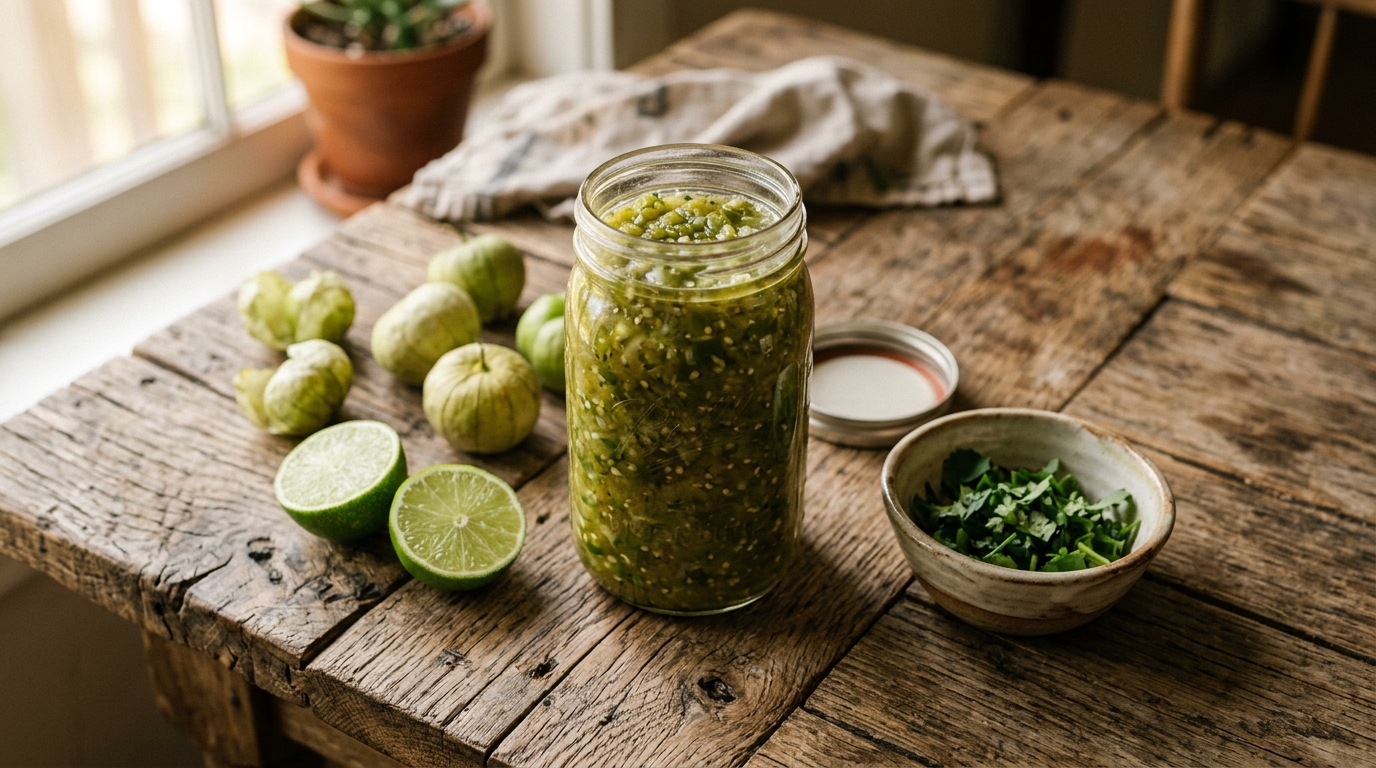 Wide-mouth glass jar of freshly fermented green salsa verde on a wooden farmhouse table, small ceramic dish of chopped cilantro and lime wedges to the side, warm evening light