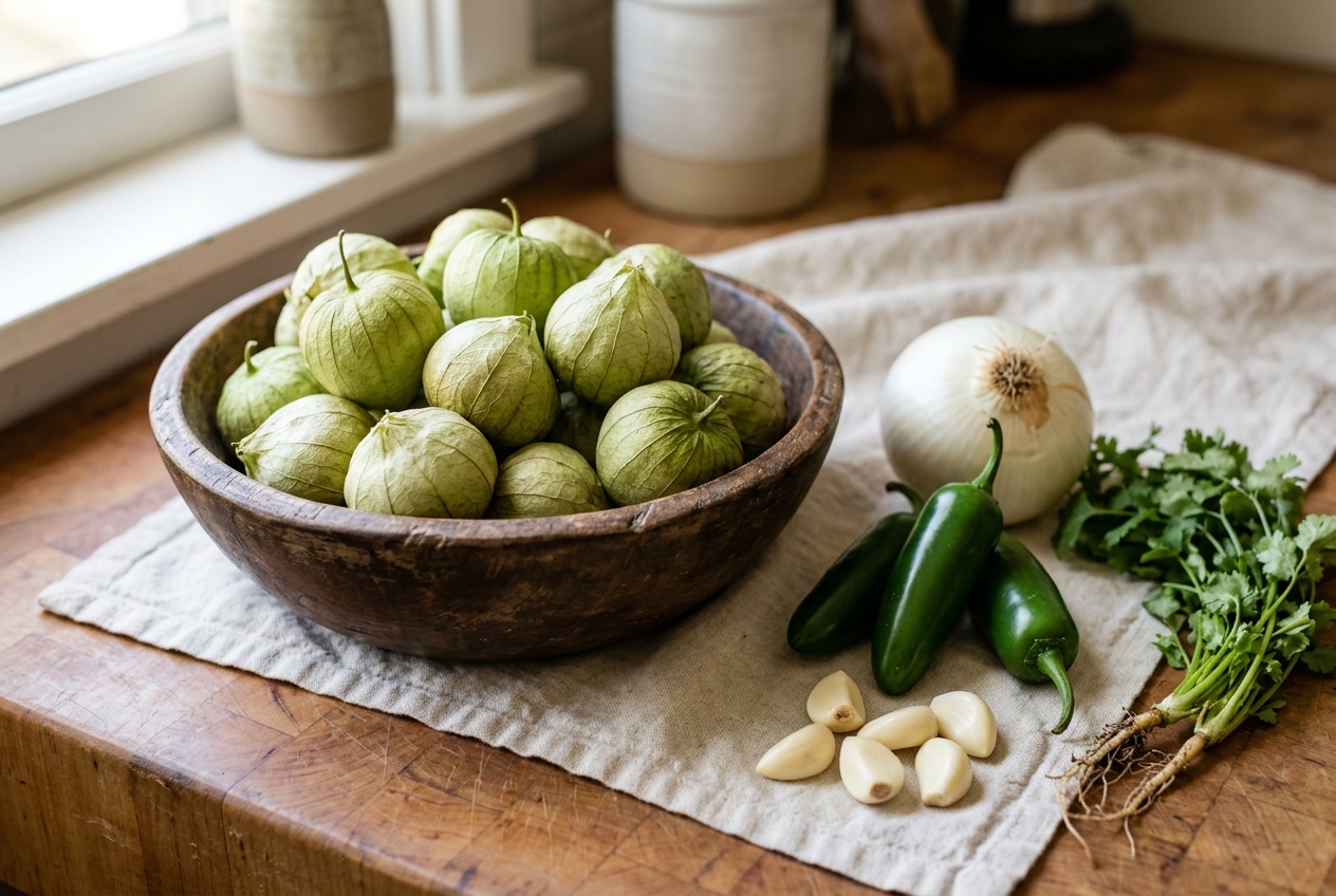 Rustic wooden bowl piled with pale green husked tomatillos beside three fresh jalapeños, a white onion, garlic cloves, and a bunch of cilantro, on a linen napkin