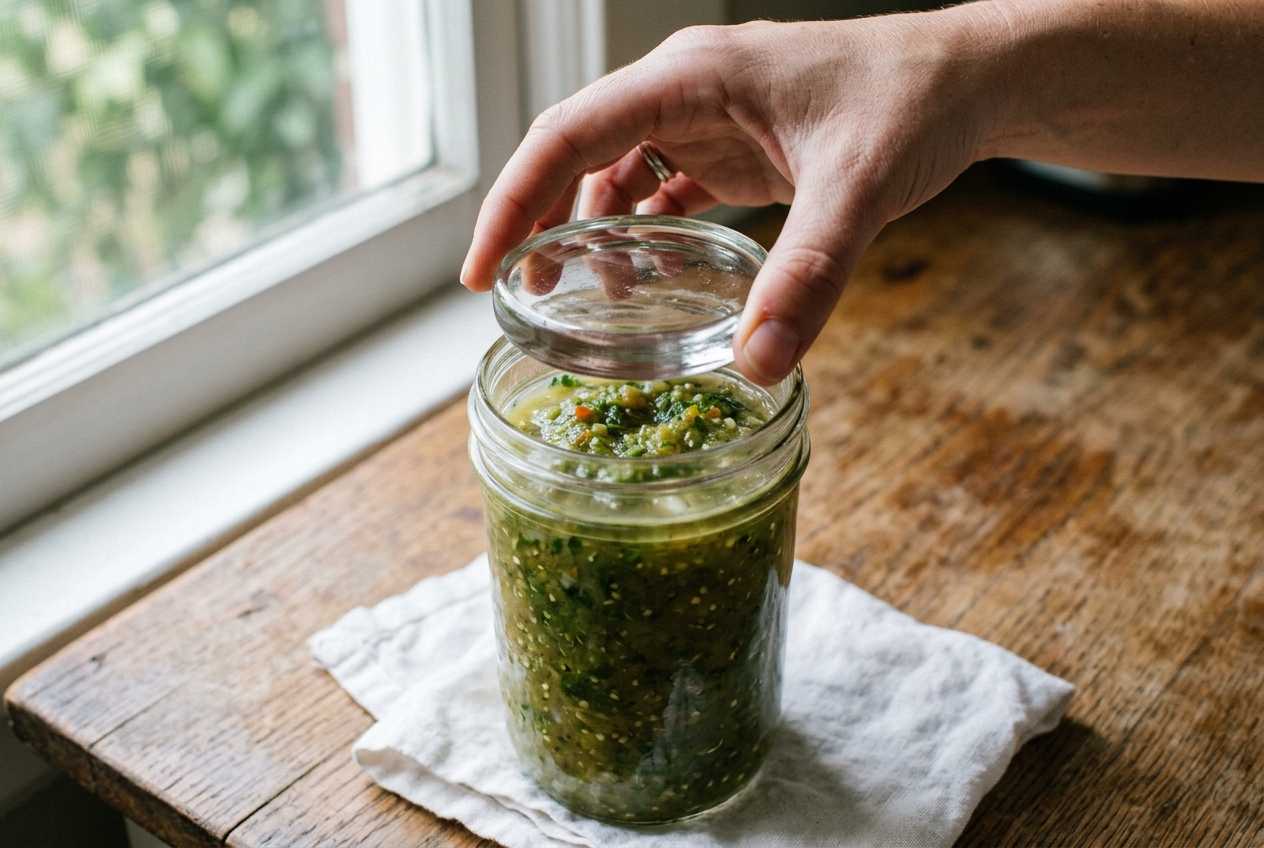 Half-gallon glass fermentation jar filled with chunky green salsa verde with a small glass weight pressing everything below the cloudy brine, sitting on a wooden shelf in soft kitchen light