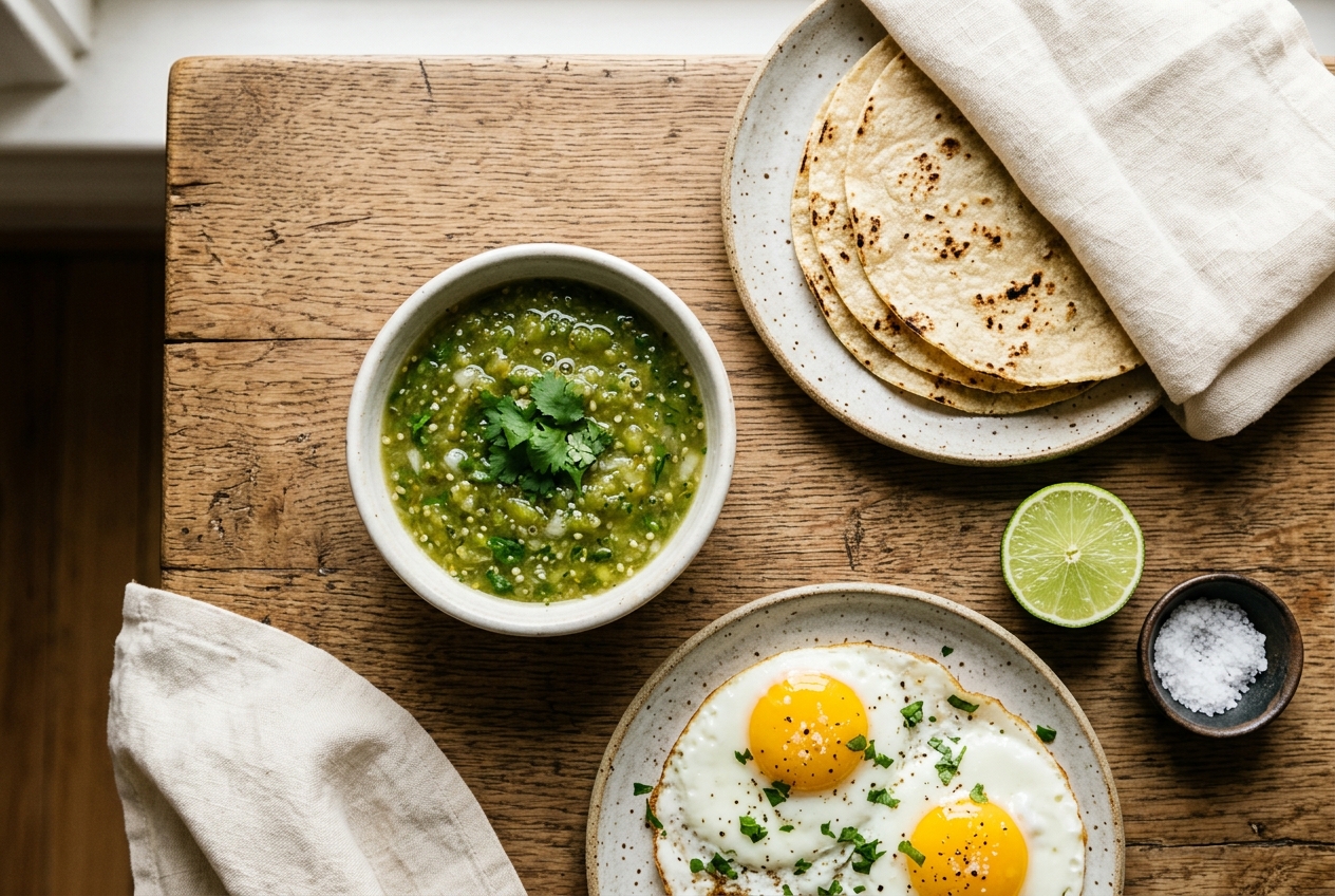 Small bowl of finished fermented green salsa verde beside a stack of warm corn tortillas and two fried eggs on a ceramic plate, natural morning light