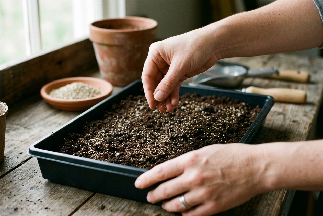 Close-up of hands scattering tiny chamomile seeds across the surface of a shallow seed-starting tray filled with dark potting mix, natural window light