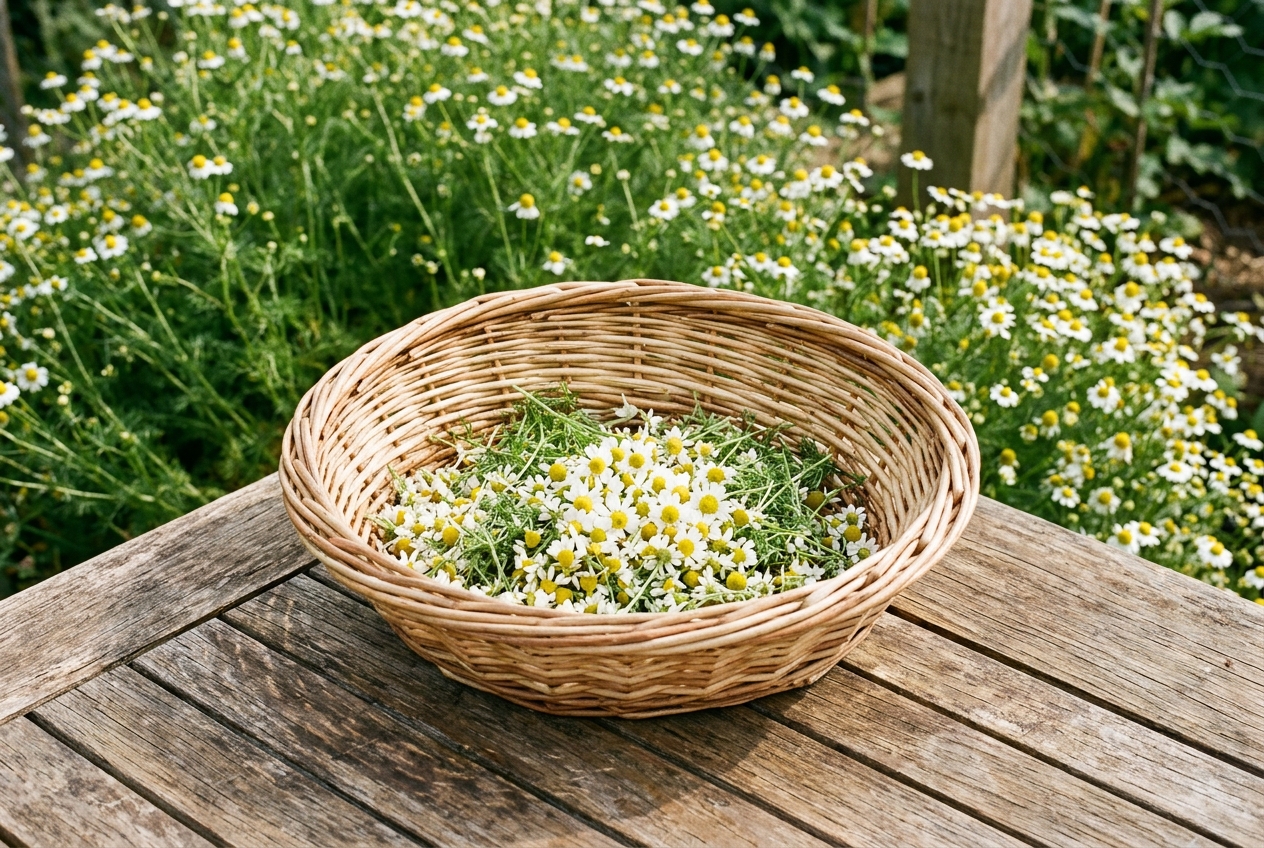 A shallow woven basket half-full of freshly picked chamomile flower heads resting on weathered wood, with a chamomile plant in full bloom visible in the background