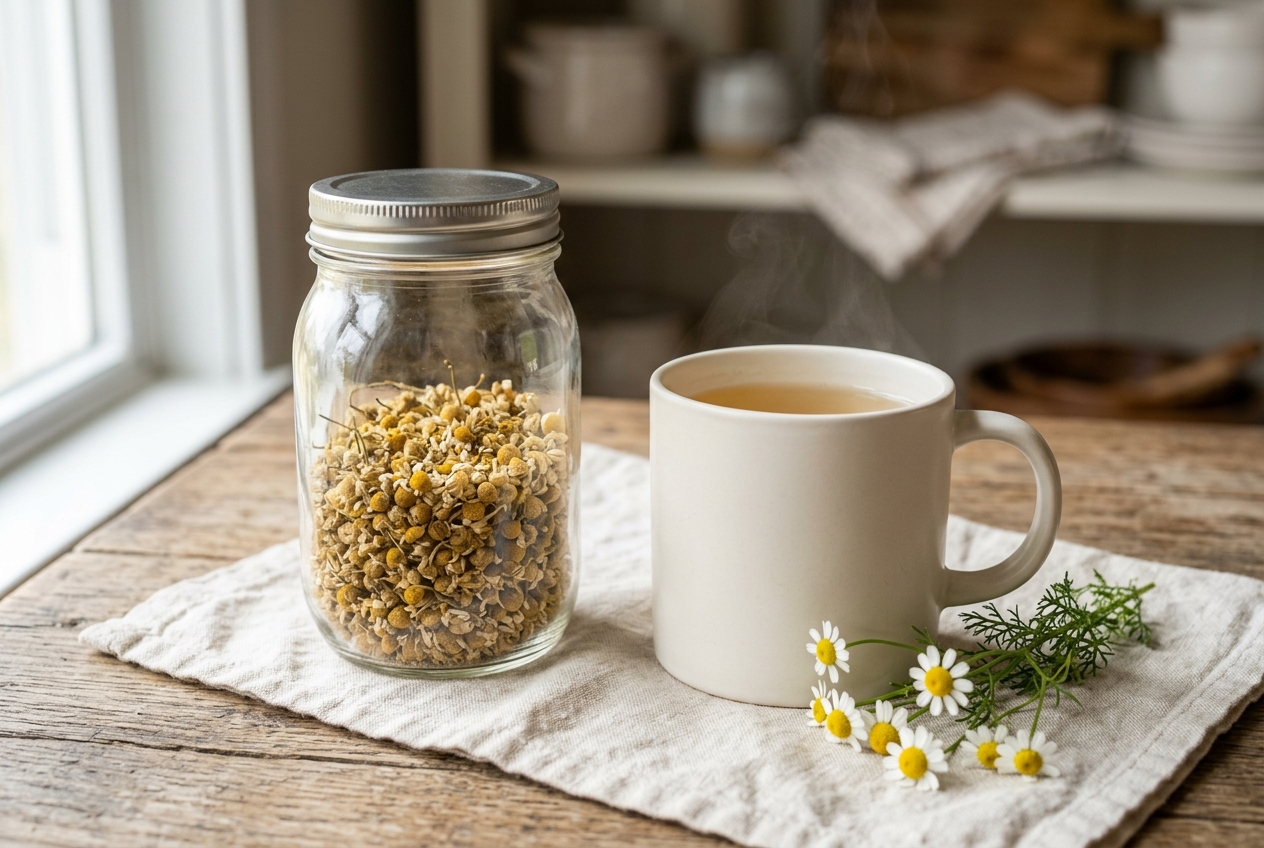 A glass jar half-filled with dried chamomile flowers sitting beside a white ceramic mug of freshly brewed golden chamomile tea on a linen napkin