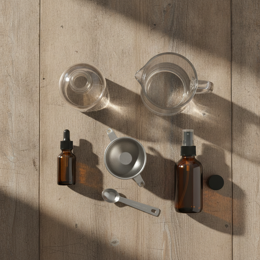 Top-down flat lay of ingredients for a homemade herbal room spray: a clear bottle of witch hazel, a dropper bottle of lavender essential oil, a jug of distilled water, a small stainless funnel, and an empty 4-ounce amber glass spray bottle on a wooden table
