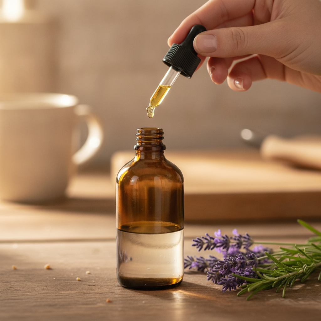 Hands counting essential oil drops from a small amber dropper bottle into a 4-ounce amber glass spray bottle filled with witch hazel, on a wooden kitchen counter beside fresh sprigs of lavender and rosemary