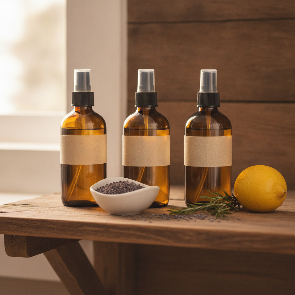 Three amber glass spray bottles of homemade herbal room sprays lined up on a wooden shelf, each labeled with handwritten painter's tape reading lavender-rosemary, peppermint-citrus, and eucalyptus, beside a small bowl of dried lavender buds