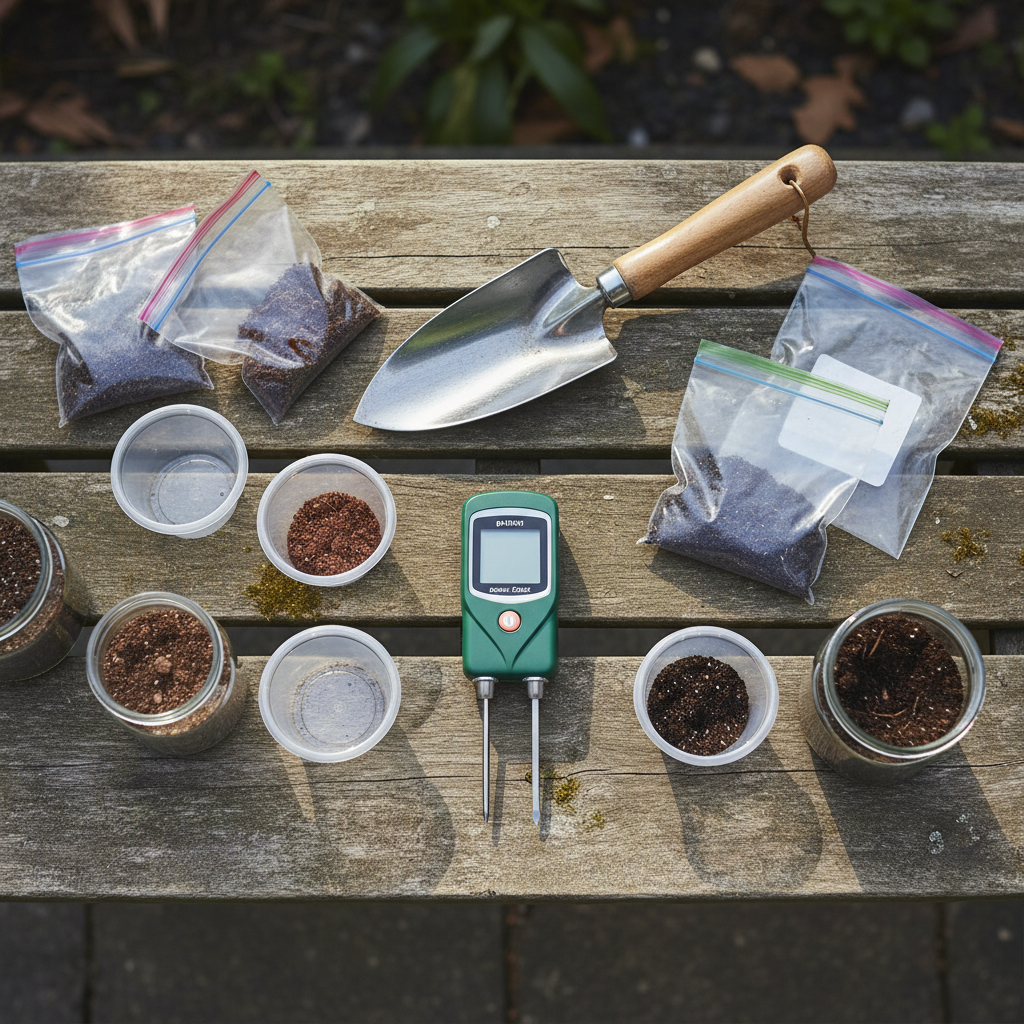 Soil testing supplies laid out on a garden bench including pH meter, collection containers, and trowel