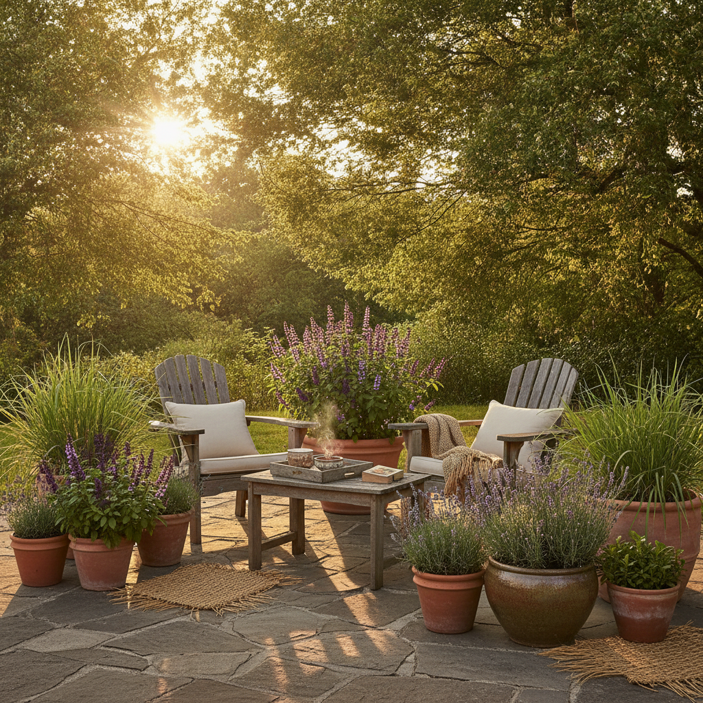 Patio container garden with lemongrass, basil, and lavender plants surrounding outdoor seating area at dusk