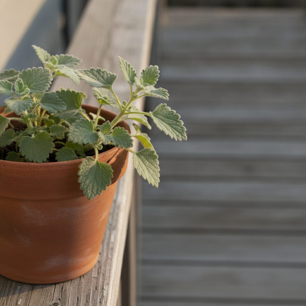 Catnip plant (Nepeta cataria) growing in a terracotta pot on a wooden porch railing