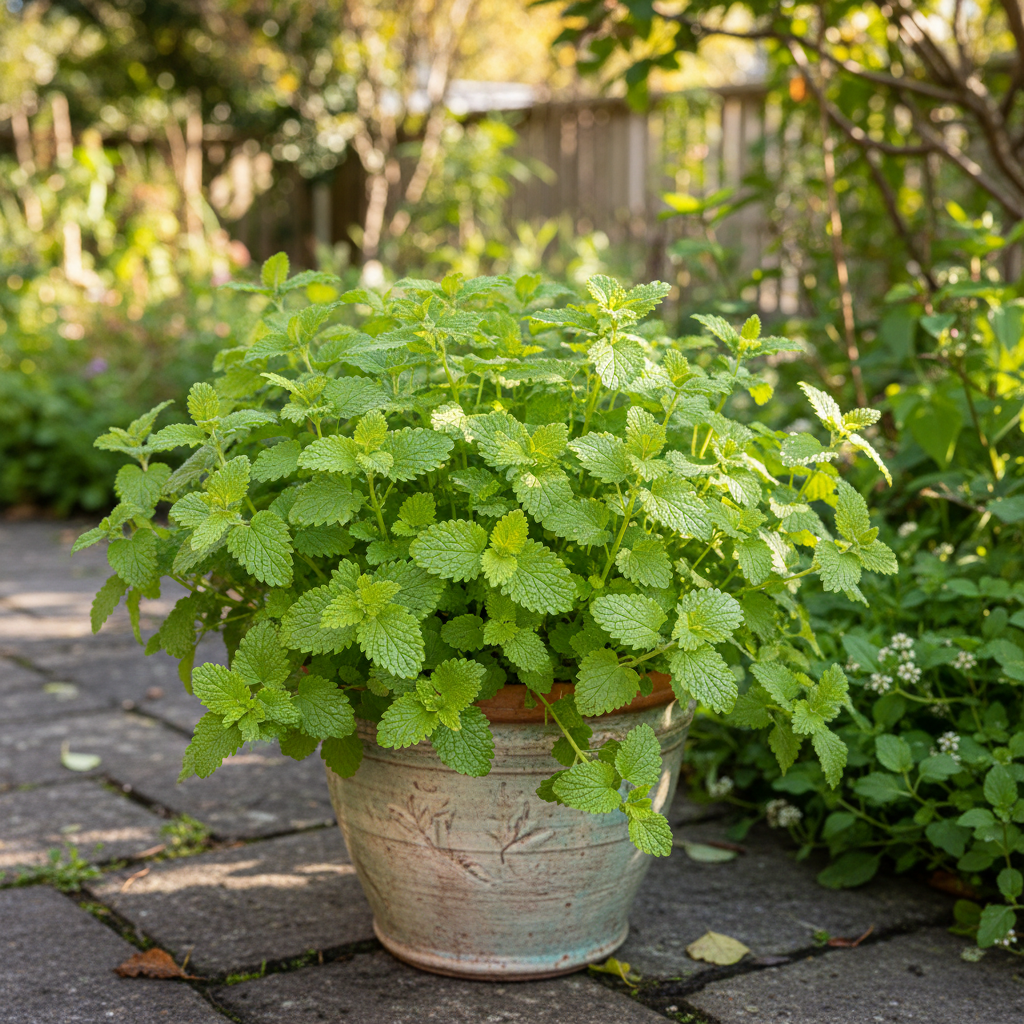 Lemon balm plant with bright green serrated leaves growing in a garden container