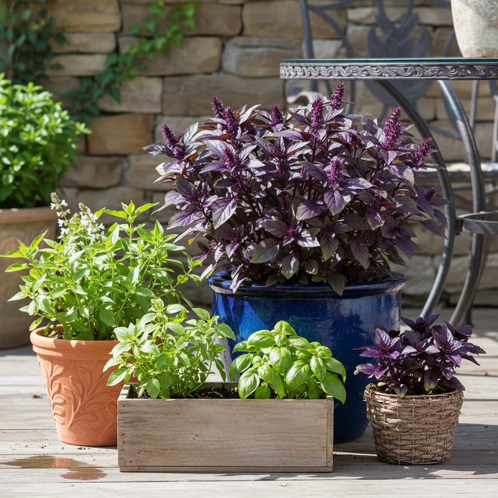 Several varieties of basil plants including Thai basil and lemon basil growing in patio containers