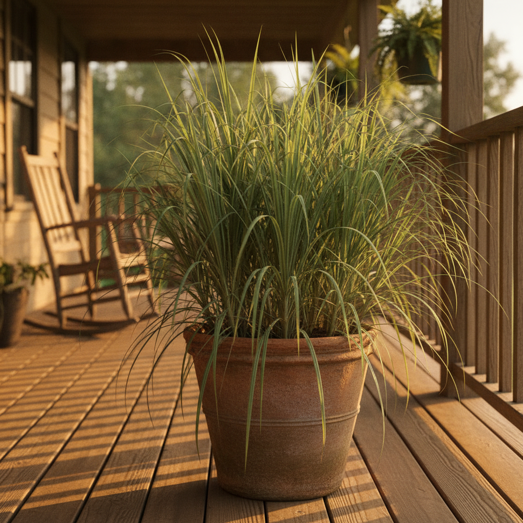 Tall lemongrass clump growing in a large decorative container on a covered porch