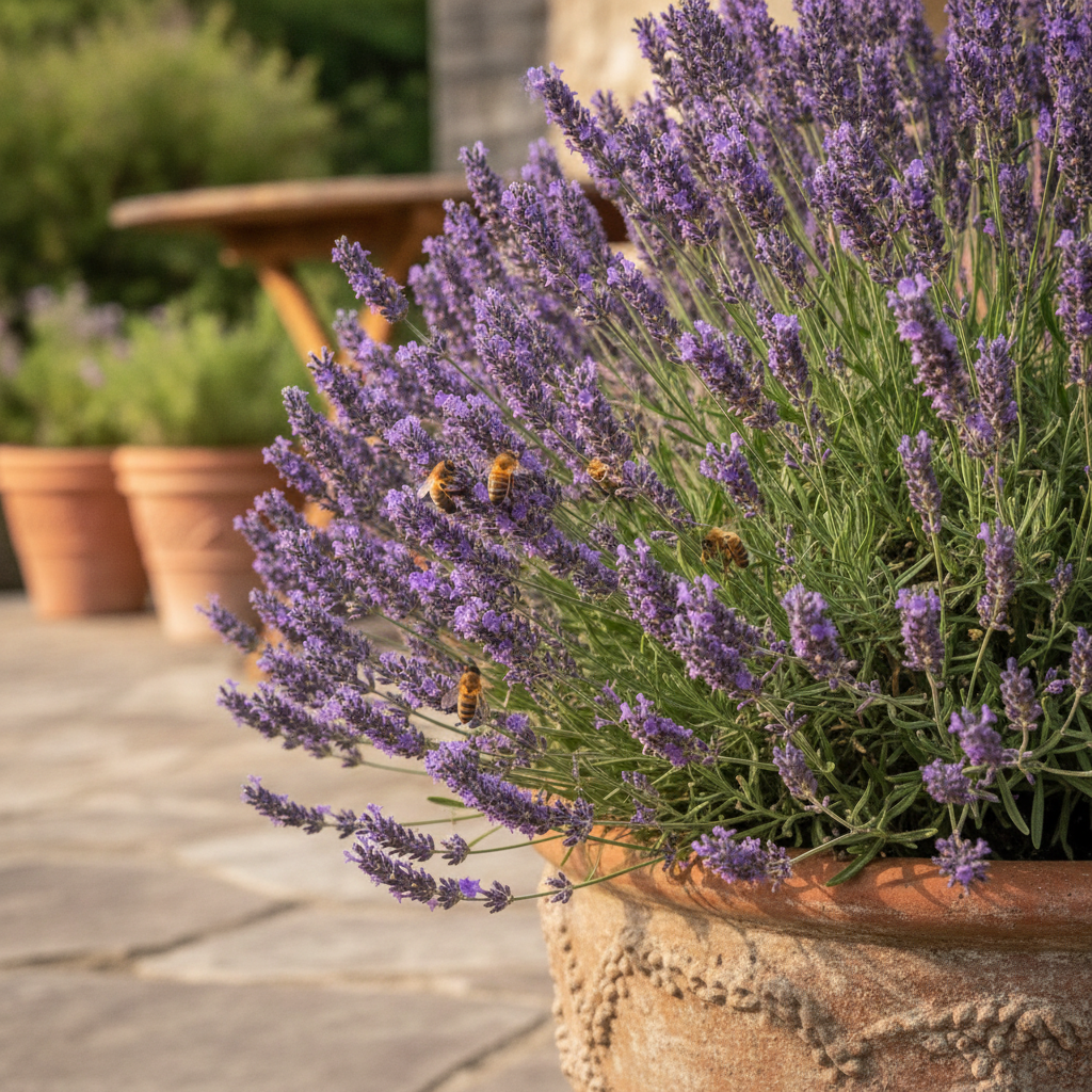 English lavender blooming in a stone container with bees visiting the purple flower spikes