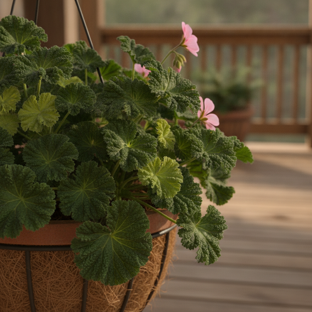 Citronella geranium (Pelargonium citrosum) in a hanging basket with ruffled green leaves