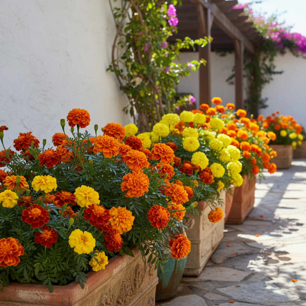 French marigolds and African marigolds blooming in orange and yellow in patio border containers