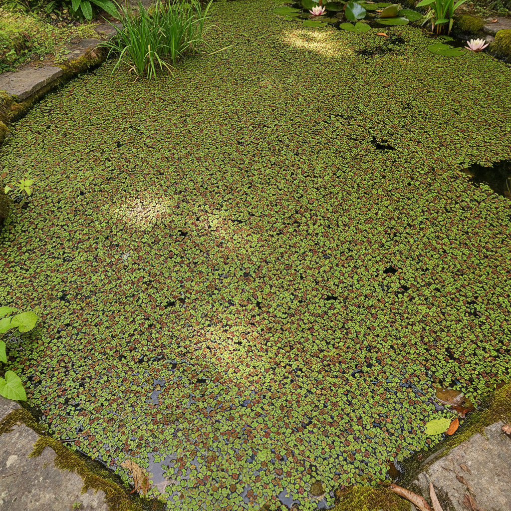 Dense green and red mat of mosquito fern (Azolla) covering the surface of a small garden pond