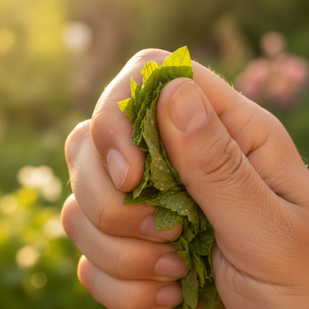 Close-up of hands crushing fresh herb leaves to release aromatic volatile oils