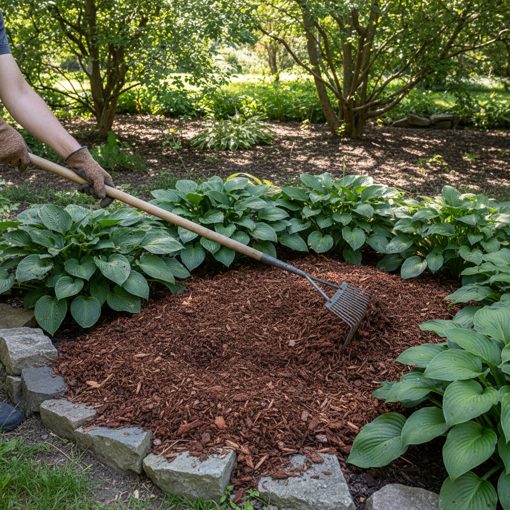 Gardener using a rake to spread three inches of dark wood chip mulch around hosta plants in a shaded bed