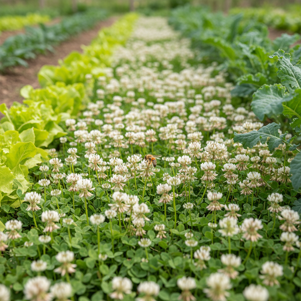 White clover growing as living mulch between rows of vegetables in a homestead garden with visible bee on the flowers