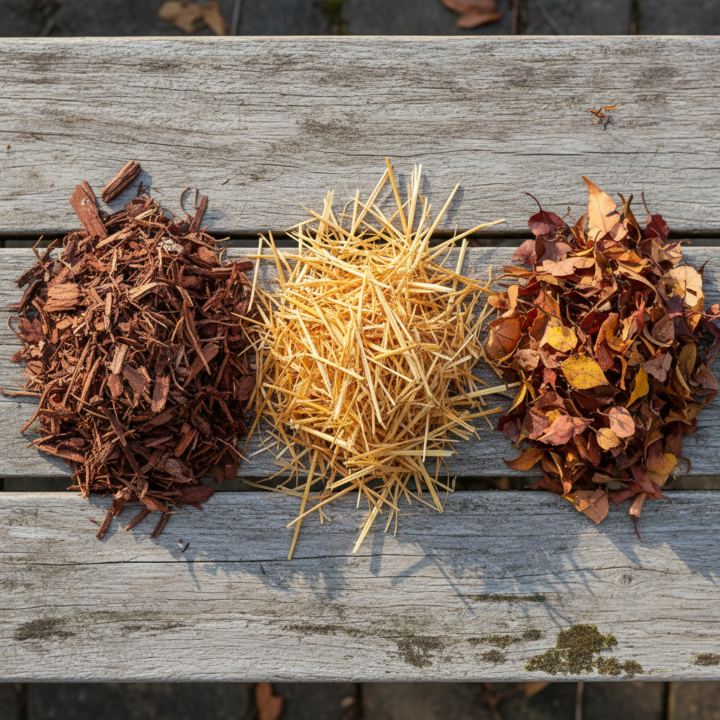 Close-up of three organic mulch types side by side: shredded bark, straw, and chopped autumn leaves on a wooden bench