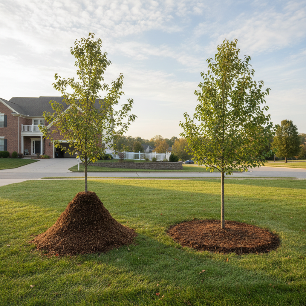 Wide shot of a mulch volcano mounded against a young tree trunk next to a properly mulched tree with a clear bare ring at the trunk