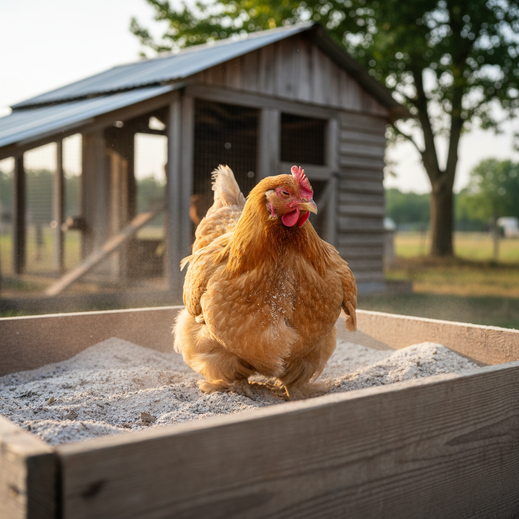 Backyard hen standing in a wooden dust bath box filled with fine sand and wood ash, sunlight on her feathers