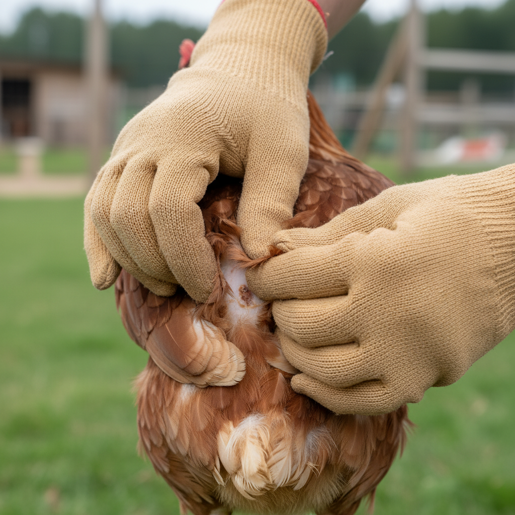 Close-up of a chicken's vent area showing dark feather staining typical of northern fowl mite infestation