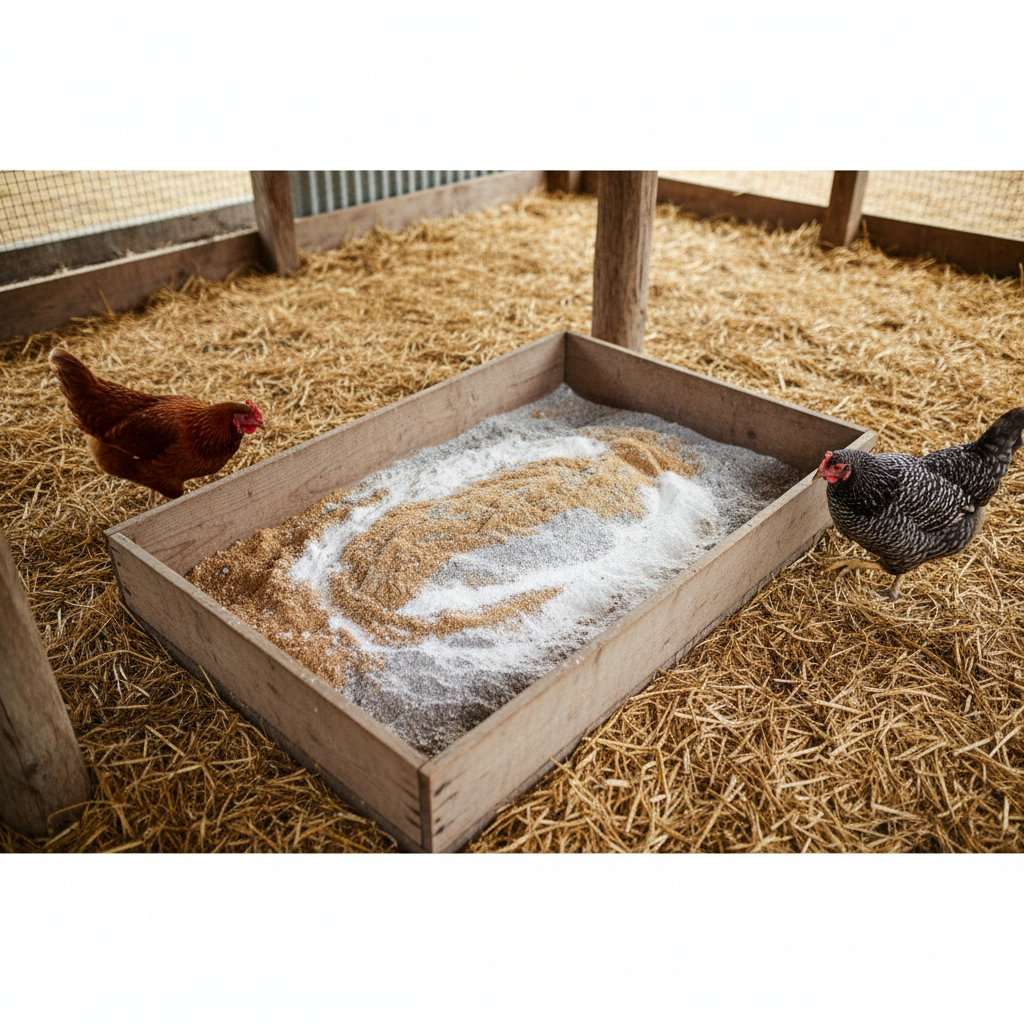 Wooden tub filled with sand, diatomaceous earth, and gray wood ash set up under a covered run as a dust bath