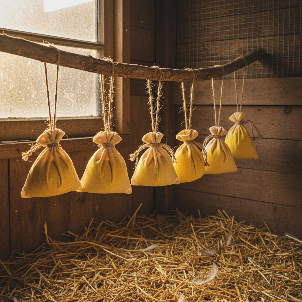 Small muslin bags filled with elemental sulfur dust hung in a wooden chicken coop above the roost as a passive treatment