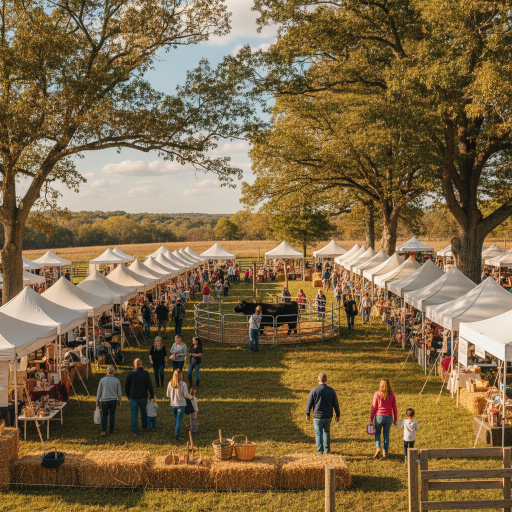 A crowded outdoor homesteading expo at the Webster County Fairgrounds with white vendor tents, families walking between booths, and a livestock demonstration ring under blue Ozark sky
