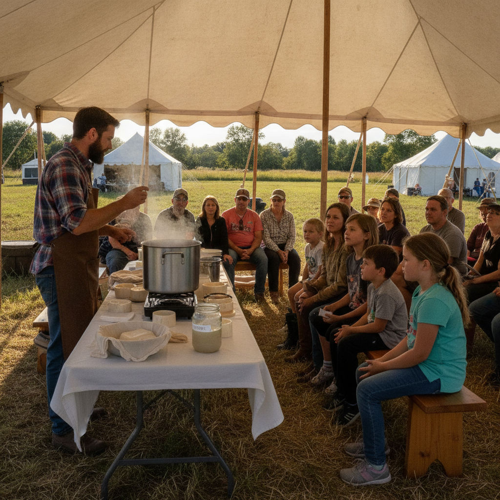 An instructor demonstrating home cheesemaking to a seated audience under a large white tent at an outdoor homesteading fair, with cheese molds and stainless pots on a folding table