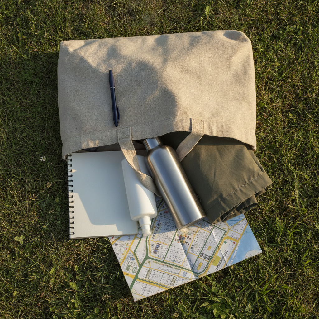 A homesteader's tote bag on grass at an outdoor expo containing a spiral notebook, sunscreen, a stainless water bottle, folded rain jacket, and a paper map of the fairgrounds