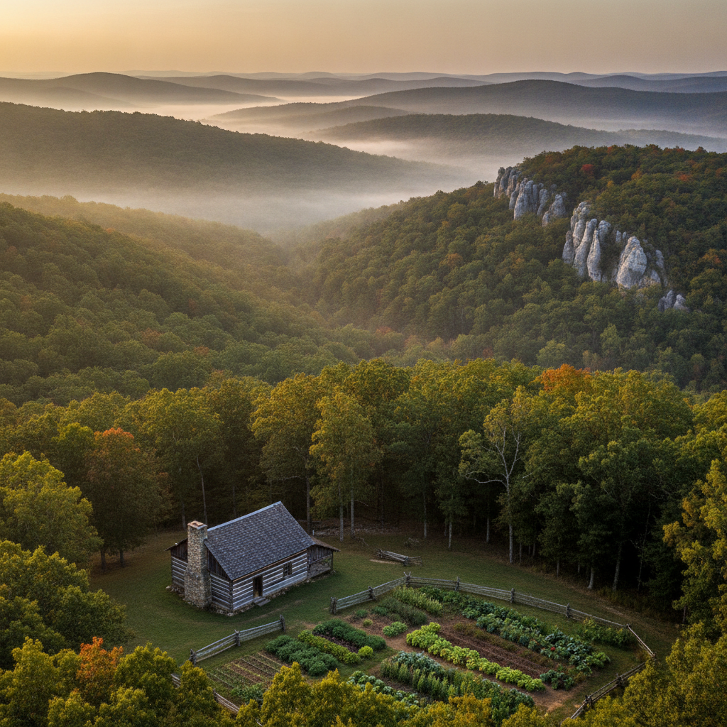 A wide view of rolling Ozark hills covered in oak-hickory forest under morning fog, with a small homestead cabin and split-rail fence in the foreground