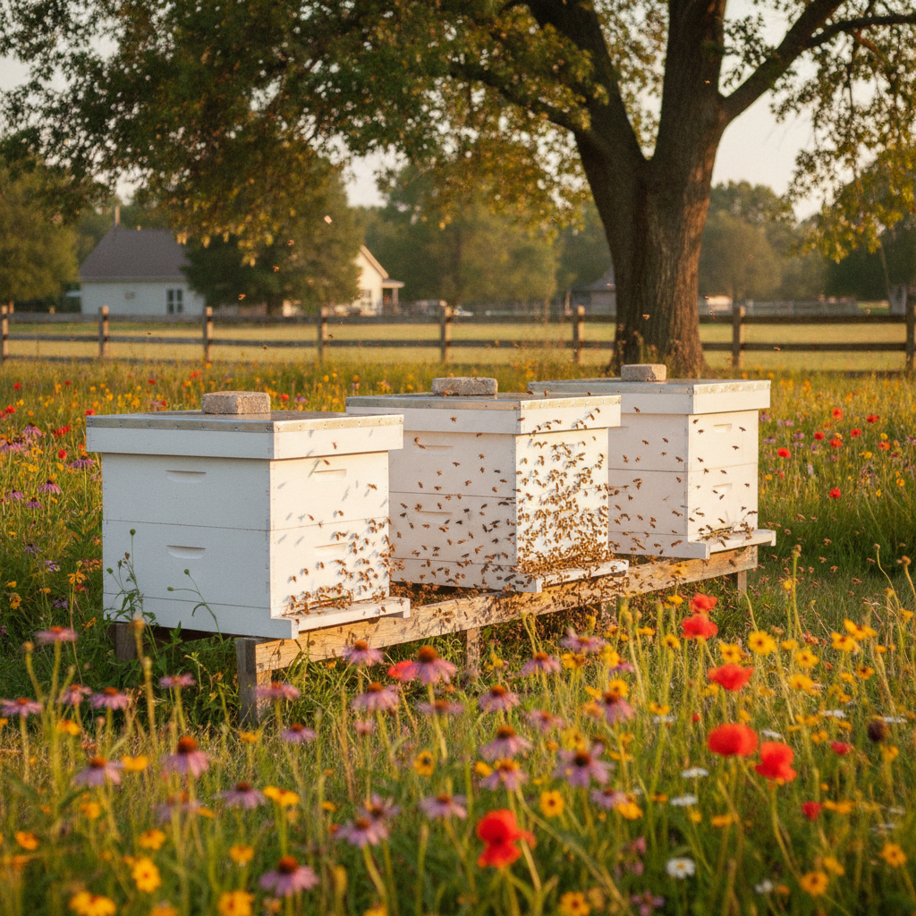 Wooden Langstroth beehives in a sunny backyard apiary with honey bees flying near the entrance