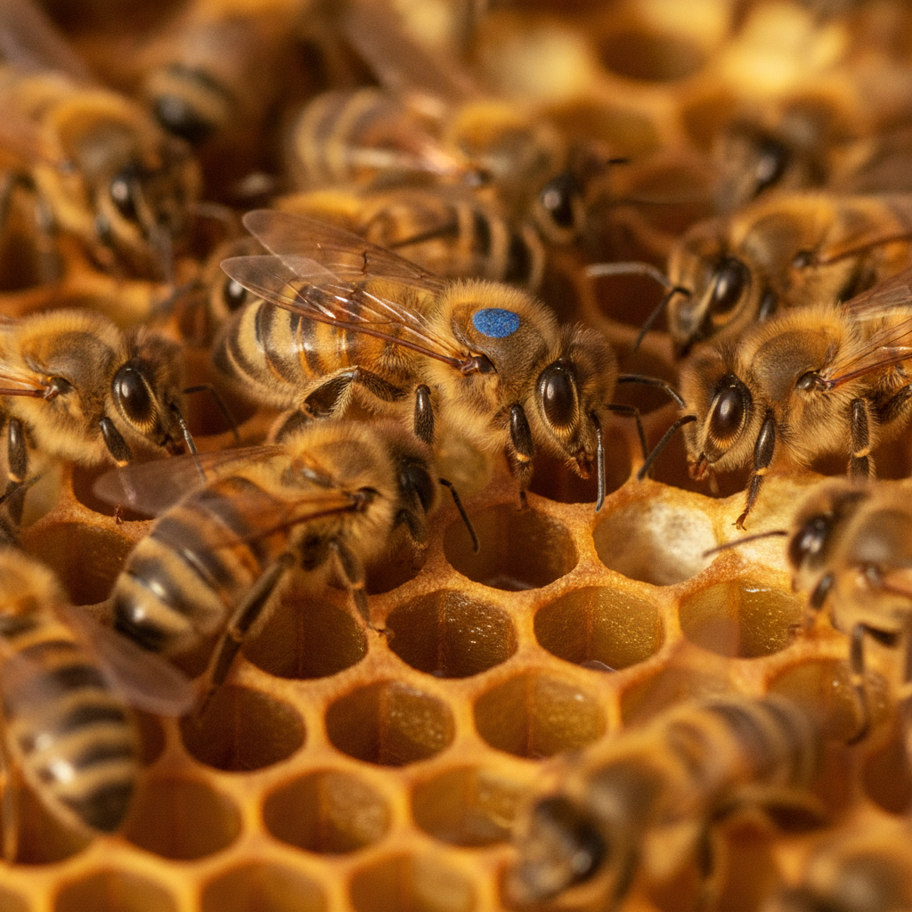 Close-up of a queen honey bee marked with a colored dot surrounded by worker bees on a wax comb