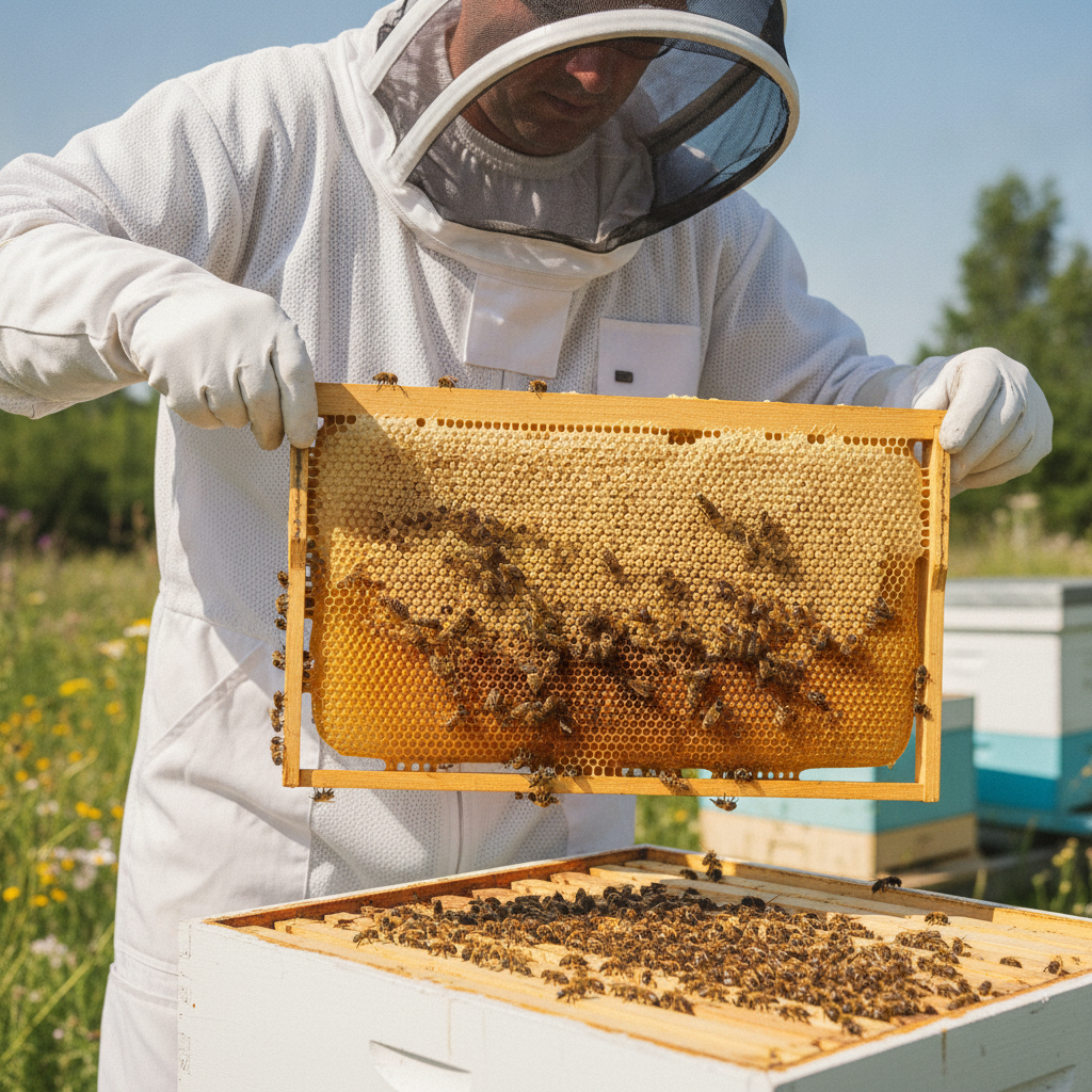 A beekeeper in a white ventilated suit lifting a frame of capped honey from a Langstroth hive