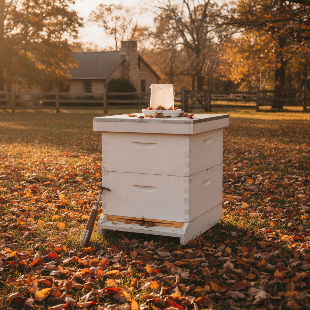 Autumn view of a wooden hive with feed bucket and hive tool during fall preparation for winter