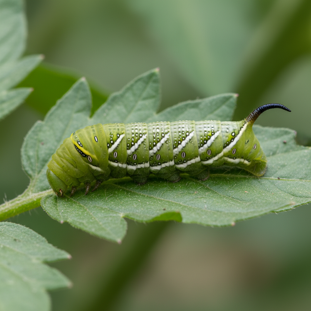 Close-up of a tomato hornworm showing the eight white V-shaped marks along its green body and the black horn at the rear