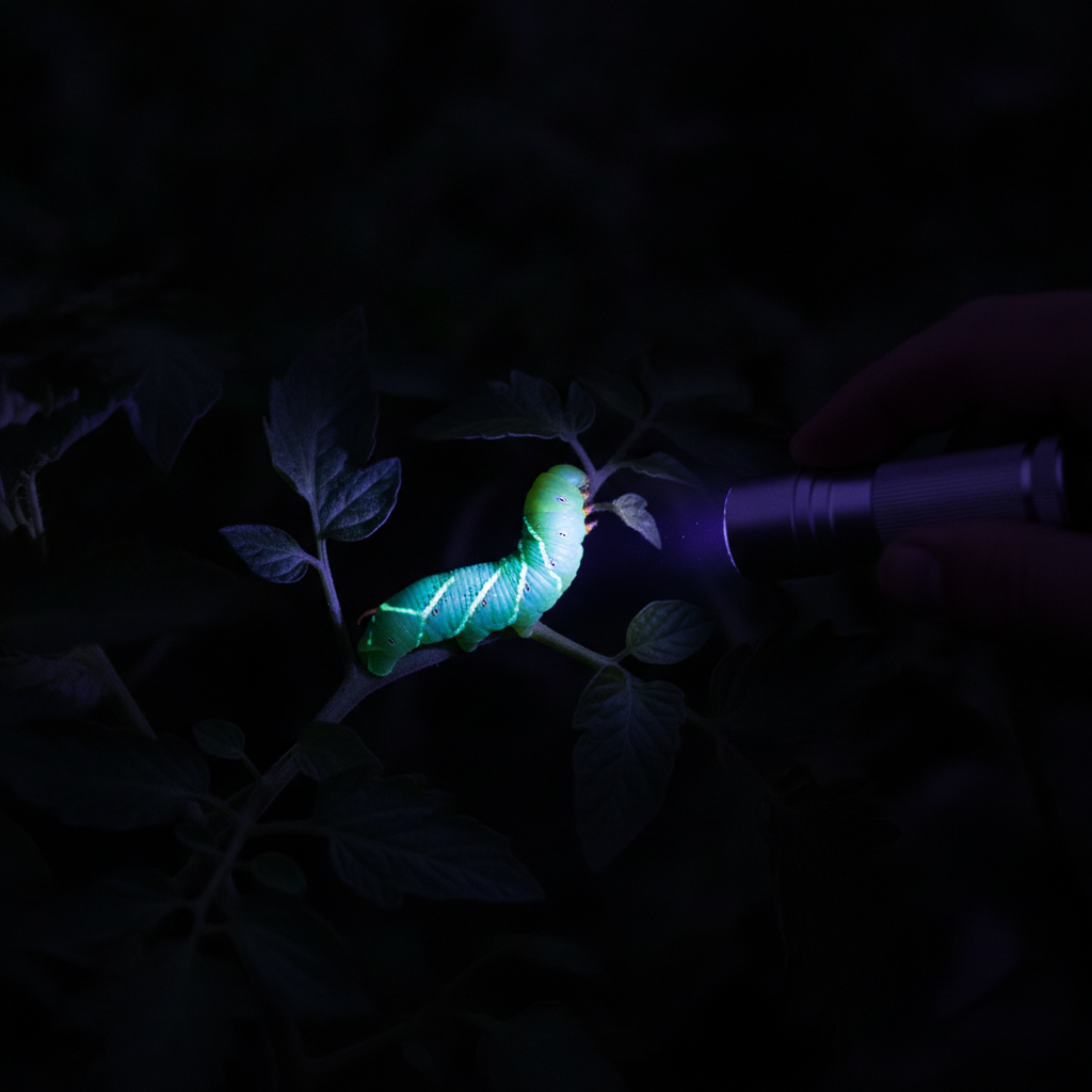 A gardener shining a UV black light flashlight on tomato plants at night, with a hornworm glowing bright against the dark foliage